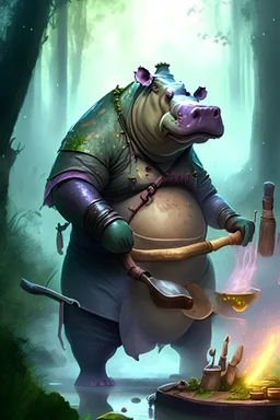 DnD Hippopotamus Race, cooking utensils body protection, forest mist background, Artificer class, hungry, chef