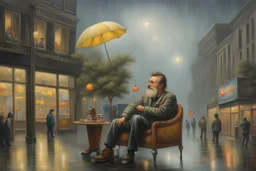 Kevin Sloan oil painting a dreaming young beard colored organza punk guy in the pop '80s Mall lights during rainy day oil painting art