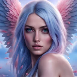 ana de armas angel beauty model with long blue and pink hair, PRETTY EYES, highly detailed face, BEATIFULL eyes , fire in background, 32k resolution, flowers ON THE FEET, Body with tattoo, extremely realistic , visually rich, digital art photorealistic, hyperrealistic face, wonderfull eyes, big wings white color in back body