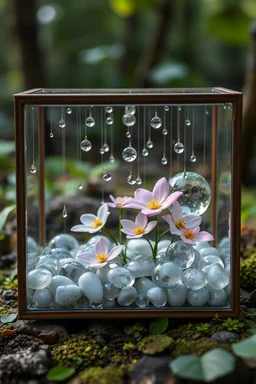 A trusuer box contains a small pond in the middle of the forest, transparent glass pebbles, transparent glass flowers, tenderness, elegance, hyperdetail, glass threads, water drops on threads, spheres of different sizes, sophistication, crystal shine, crystal pendants, globes, rainbow rain