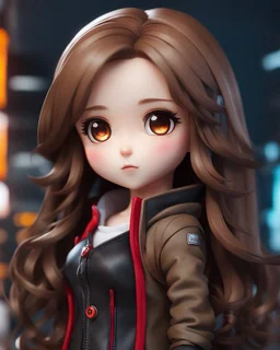 headshot of a chibi girl with long brown hair, red eyes, cute, childlike, intricately detailed, masterpiece, anime chibi doll, 4k