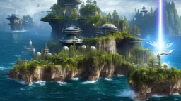 Many Spaceliners Docked At A Huge Busy Spaceportt set into The Side Of A Huge Cliff covered in plants and trees, Star Wars, Star Trek