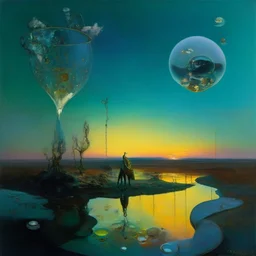 dusk landscape with universe-like Soap Bubble,complex surgical instruments mixed with human body-like musical instruments,Painting By Adrian Ghenie, Rene Magritte, Basquiat ,Salvador Dali, Lucian Freud, Jan Van Eyck