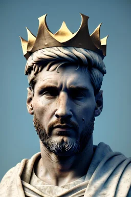 Ultra Realistic image, Roman sculpture, white marble material, Lionel Messi, gold crown of natural thorns, god crown, sun rays background, waist up portrait, epic, celestial, cinematic lighting, God lights, 4k resolution, smooth details, soft lighting, unreal engine 5, art station, substance 3d.