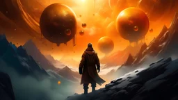 man help other inthe mountain in the style of colorful explosions, dark gold and dark brown, luminous spheres, frostpunk, blurred, ue5, symbolist themes