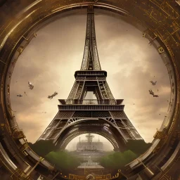 Steampunk Eiffel Tower, all within, view from above, high quality, realism, 4k