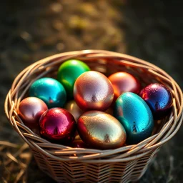 digital photograph — off-center modern wicker basket holds Easter eggs in vibrant azure, emerald, blush, crimson, gold, sapphire, and metallic tones. Each egg's glossy surface reflects intricate dimpled textures under dramatic cinematic HDR backlighting, emphasizing subtle sheen contrasts. Shallow depth of field softens sunlit background in hyperrealistic 8k clarity.