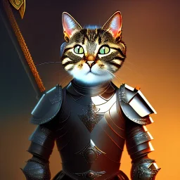 A 2D illustration of a cat in full armour, detailed, dark background, rendered by octane, in a style of Albert Bierstadt, fantasy, scientific illustration,