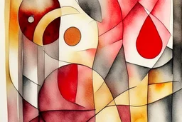 Abstract watercolour in the style of Paul Klee and Barbara Hepworth in red,grey and gold on watercolour background