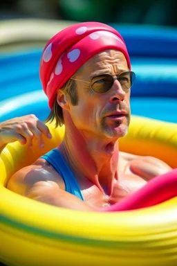 brad pitt sitting in donut swim ring with swimming-goggles and a bathing cap on