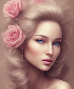 portrait borders head Princess with great bobs long blond hairs, smile,blues eyes no top with flowers