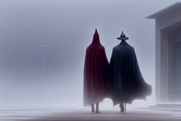 two people in capes seen from behind walking side by side in an empty foggy plain by artist "Leonora Carrington"