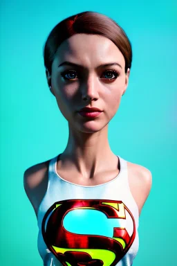 Waist up portrait, woman, make-up, happy, watch dildo, Realistic image, 60s, supergirl, tights minimal dress, sweat, Color background, photo studio, concept art, smooth, unreal engine 5, god lights, ray tracing, RTX, lumen lighting, ultra detail, volumetric lighting, 3d, finely drawn, high definition, 4k.