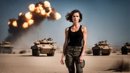 beautiful slender caucasian female technician, black tank top, well toned muscles, weathered face, scratched sand camo metal details, short brunette wavy bob haircut, dystopian, desert scene, being hit by a bullet, explosions in background, wounded by gunfire