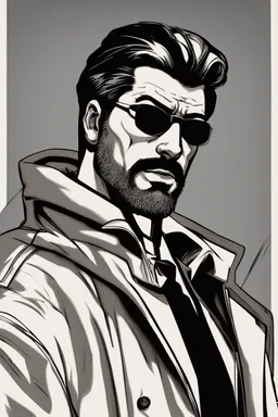 a young man with big muscles who looks like hans gruber wearing a heavy coat and red sunglasses staring with an irritated look on his face