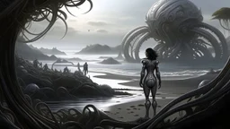 Detailed matte painting of a wide-angle shot of a woman, standing on the right side of an alien beach, with dark hair in a silver robotic catsuit, many large floating creatures with shells and long tentacles, alien jungle trees in the distance