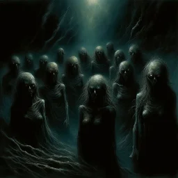 malignancy of nightmares depicting a fear of being alone, a conveyor belt of faceless heads on the Human Misery scale, Style by Zdzislaw Beksinski and Stephen Gammell and Colin McCahon, surreal horror art, nightmarish atmosphere, dynamic composition, sfumato, dark colors, based on the imagery of Zdzislaw Beksinski