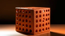 Un gran cubo de color terracota perforado por huecos profundos y regulares, algunas aberturas dejan ver espacios interiores vacíos, fachada frontal que enfatiza la geometría pura del objeto arquitectónico, sombras suaves que marcan cada perforación, ambiente de extrañeza y sofisticación escultórica