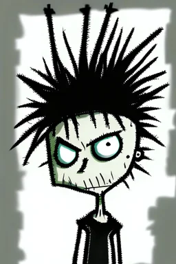 2d drawing of a stickman, cool with punk hair, x eyes like in hangman, slight smile, 3d realistic in colour