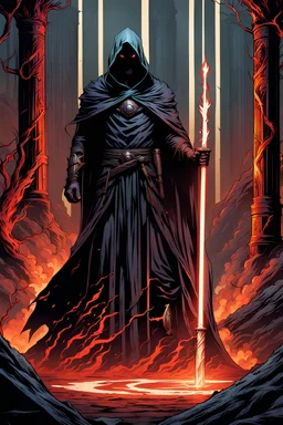 the blood dripping sorcerer known as The Shadow of Death using the staff of undeath. black rotting fire. fantasy art, Cinematic lighting, Volumetric lighting, Epic composition, Mark Brooks and Dan Mumford, comic book art, perfect, smooth