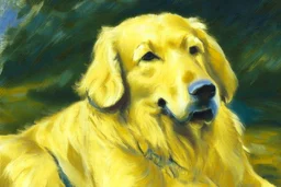 Golden retriever, impressionist oil on canvas by Paul Cézanne, 1887, broad brushstrokes, canvas relief