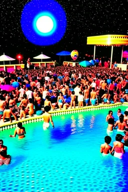 techno rave party in 80's with swimming pool on the moon full