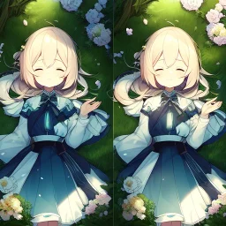 anime girl sleeping in a field of flowers, under a weeping willow tree, with a btterfly on her nose, zoom out