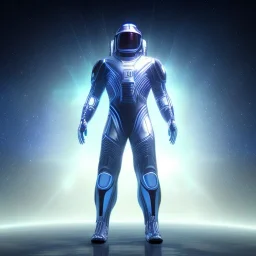 Full body ,Beautiful cosmic man, blue eyes, long blond hair, cosmic suit, galactic backdrop, soft lighting, hyper realistic, unreal engine 5, 16k