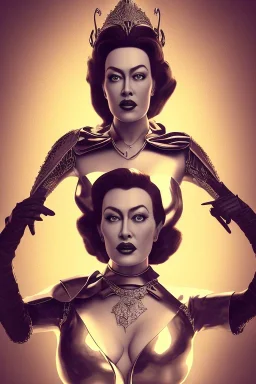 Joan Crawford as evil queen in black leather, busty, cleavage, dominatrix, curvy, angry, stern look. unreal 5, octane render, cinema4d, dynamic lighting, dramatic lighting, 4k, redshift render, highly detailed, hyper realistic,anthropomorphic