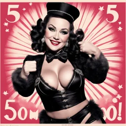 think about a commercial poster script with a burlesque show sponsored by Agent Provocateur outfit, the mature artist doing a thumb up to the camera with a smile, saying "5,000 watchers! That's awesome." Bigger! Wilder! Whoa!