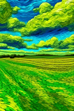 fields below a partly cloudy sky, with airplanes in the style of van Gogh