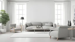 Scandinavian living room with gray armchair on empty white wall background. 3d rendering
