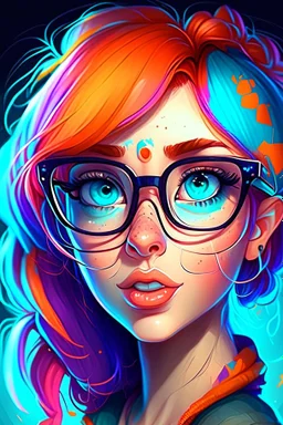 A very beautiful and attractive cartoon girl with colorful hair and a symmetrical face who wears glasses with a luminous face