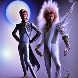 david bowie, mystical light, one male model, white owl, Jim Henson's The Labyrinth, Jareth the goblin king, crystal ball in hand, wearing spandex grey leggings with a crotch bulge with fancy clothes