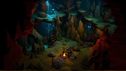 fantasy environment view from above, a cave interior view from inside, dark and gloomy mood, a small narrow water stream is flowing though the cave, there are a couple of stalactites growing from the ground, a campfire lightens a small part of the cave on the left, blocky 3D low poly cartoon render style of the image