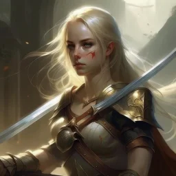 pretty woman, blonde, conventionally attractive, fighter, greatsword, elf, dramatic