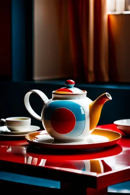 a Bauhaus-style teapot on a Bauhaus table; UHD photo, photo-realism, (((great verticals))), (((great parallels))), warm colors of white, red, and sky blue