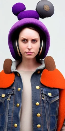 Brunette she. average body type. big head. Mantle is sewed of upcycled Denim and sewed together of camouflage pieces. Pieces' color are orange, cream and purple. It is with big bright purple felt tippet and cream-colored-hood. mantle is merged with satchel. . Big AKG-style headphones (gold rings!) is merged with small felt cap with small visor. Style: Haute Couture in 1910's, Paris fashion in 1998, inspired by street art. Cream latex gaiter. Her head and rest body!