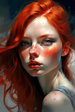 prompt: An image of a red-haired beautiful girl in the style of Mike Worrall, Stefan Gesell, Anton Semenov, Arthur Boyd, Gerald Scarfe, Wlad Safronow, Yves Tanguy and Christine Ellger. Style airbrush art with very soft muted colours and a hazy atmosphere. Bold oil paintings with thick brushstrokes and spots --ar 16:9