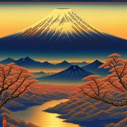 Ukiyo-e painting of a mount fuji at sunset