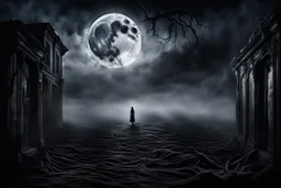 It was a creepy, silent night. The dark shadows danced across the walls, and sky , and the full moon make heavily verticíl light in the room, a dark Silhouette stands in the evil fog, in the grey ruined room, the sleeping human heart ached with fear and sadness, for knows what waiting at the end