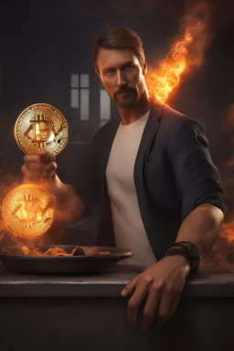 A man holds out his inner forearm where he has just received an iron brand mark of bitcoin. It's still hot and sizzling, hyper realistic, 8k, chaos