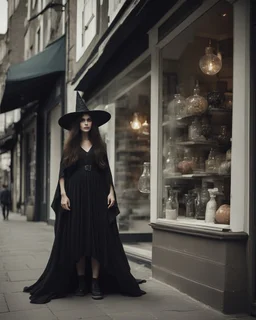 full-length, young woman dressed like a modern-day witch, floaty clothing, with dark hair, outside a shop