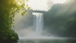 Cinematic slow motion: waterfall flowing in background, mist rising, river water rippling and reflecting, ivy leaves gently swaying on the yellow building, birds flying slowly in sky, subtle parallax camera push-in toward the bridge