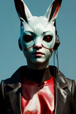 Medium Close Up Portrait, Front image. cyberpunk, rabbit mask, asian woman, helmet hair. Latex suit. white, red, color. Yakuza style. Color background, photo studio. Avatar image, highly detailed, concept art, smooth, unreal engine 5, ray tracing, RTX, lumen lighting, ultra detail, volumetric lighting, 3d, finely drawn, high definition, high resolution.