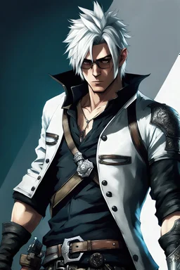 Realistic young man with black and white hair, wearing medieval fantasy rogue like clothing, right arm is missing, wearing glasses, with a revolver holstered on his hip, art style like final fantasy 15