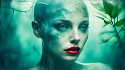 old retro photograph, light vignette, faded, worn and cracked, double exposure, surrealism, female humanoid from another world, red lips, half body, greenish blue pale transparent glowing skin, bald head, plants growing out of head, tattoo on head, alien transparent eyes, double exposure, hyperdetail, double exposure, Anna Razumovskaya, Anna Dittmann, Luis Royo, Neo-impressionism, expressionism, oil painting. Bold, detailed and textured brushstrokes reminiscent of Royo and Peter Coulson. Deep co