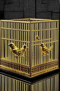 babylon reprsented by gold twitter bird logo captured in a caged box in a prioson box guarded by storm troopers