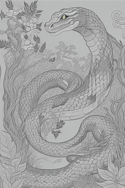 coloring book page of a magical snake, monochrome, black and white, sharp, sketch drawing