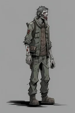 zombie, full body, profile ,comic book, post-apocalypse, gray background,
